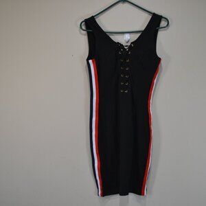 Mebon By Machine Jeans Womens L Strip Bodycon Zip Back Lace Up Front Black Dress